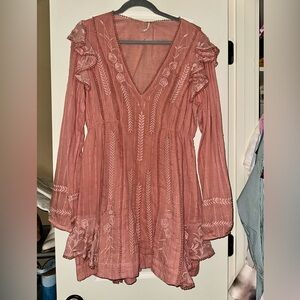 free people pink long sleeve embroidered dress